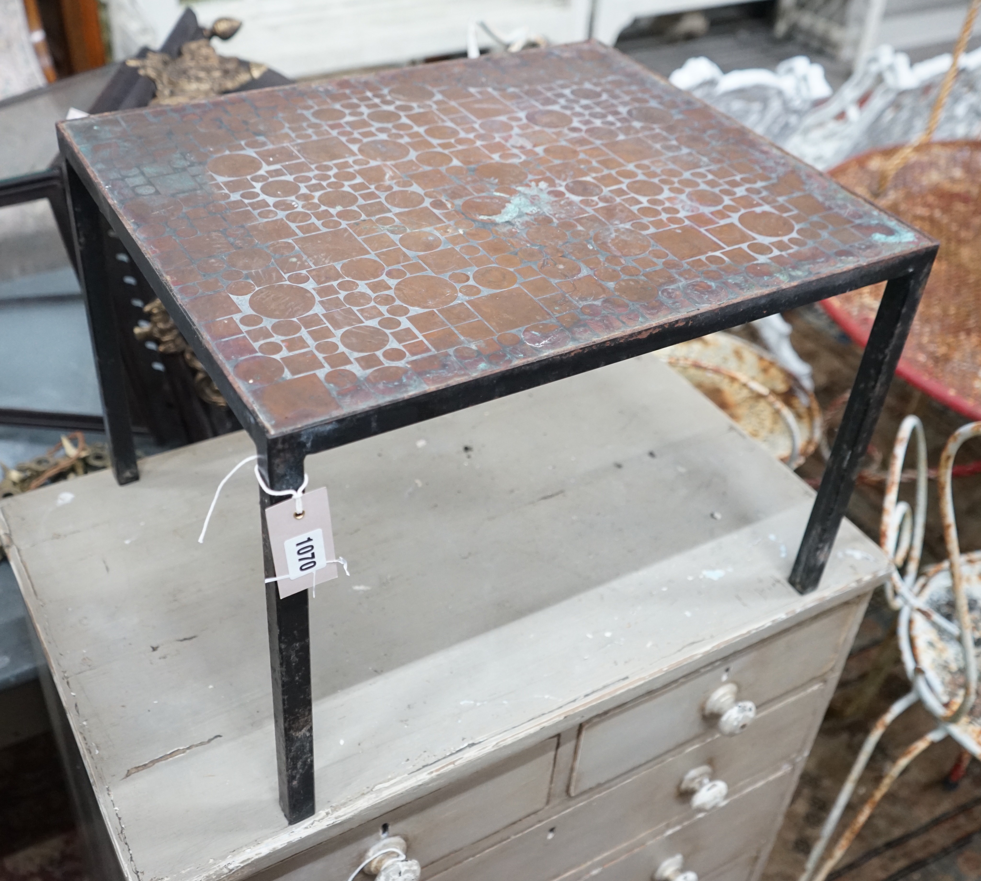 A mid century rectangular wrought iron occasional table, width 50cm, depth 42cm, height 35cm
